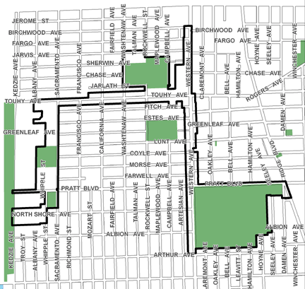 Touhy/Western TIF district, roughly bounded on the north by Birchwood Avenue, Arthur Avenue on the south, Ridge Boulevard on the east, and Kedzie Avenue on the west.